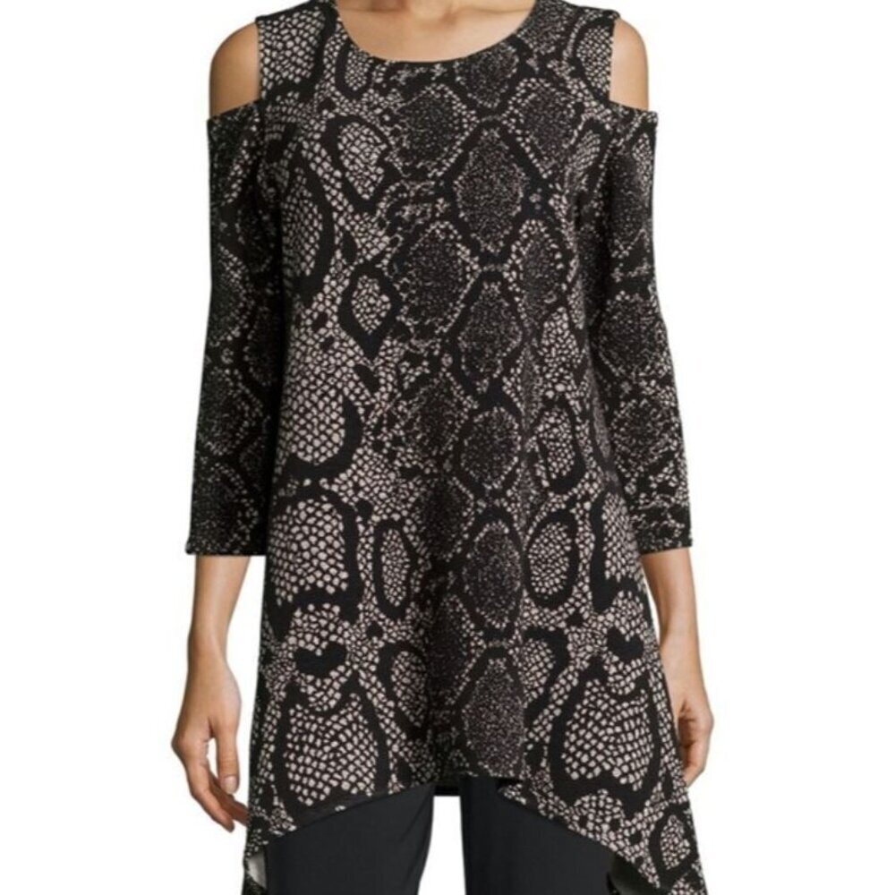 Caroline Rose Rattle & Roll Metallic Python Tunic Cold Shoulder Top Size MP